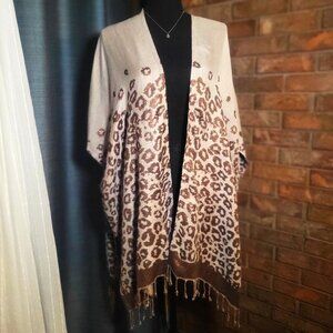 NWT Colleen Lopez Reversible Ruana Leopard Print Kimono w/ Frnge - Size XS/S